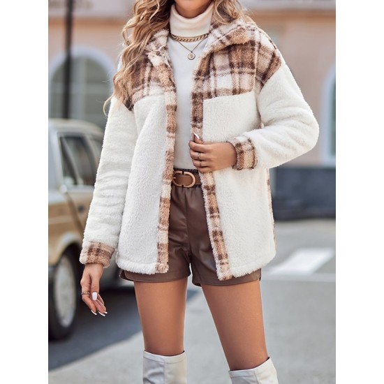 Buttoned Plaid Split-Joint Velvet Long Sleeves Loose Lapel Outerwear