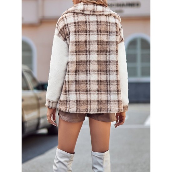 Buttoned Plaid Split-Joint Velvet Long Sleeves Loose Lapel Outerwear