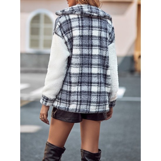 Buttoned Plaid Split-Joint Velvet Long Sleeves Loose Lapel Outerwear