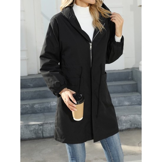 Drawstring Elasticity Pockets Quilted Solid Color Zipper Long Sleeves Loose Hooded Jackets