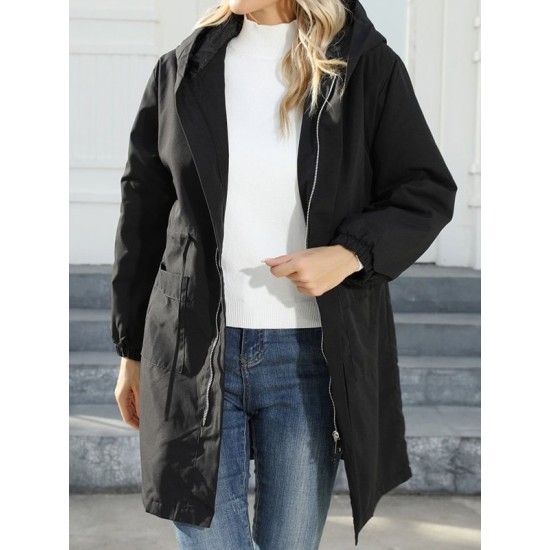 Drawstring Elasticity Pockets Quilted Solid Color Zipper Long Sleeves Loose Hooded Jackets