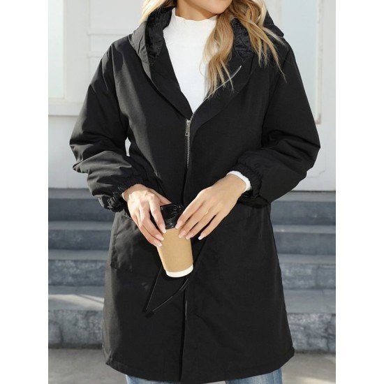 Drawstring Elasticity Pockets Quilted Solid Color Zipper Long Sleeves Loose Hooded Jackets