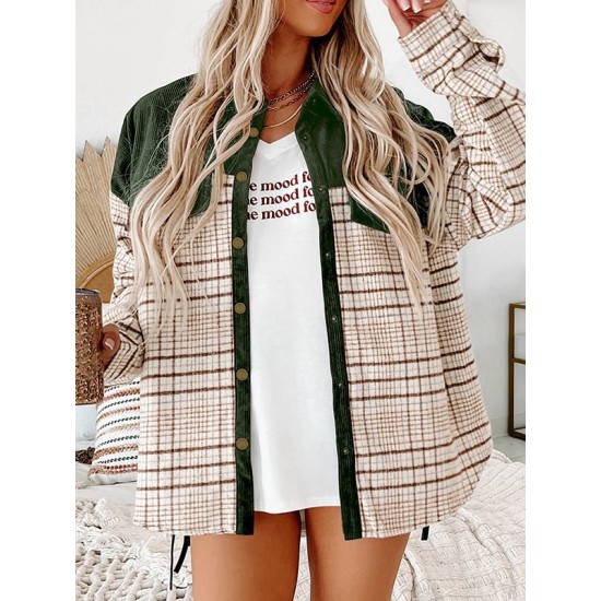 Buttoned Contrast Color Plaid Pockets Split-Joint Long Sleeves Loose Lapel Outerwear Jackets