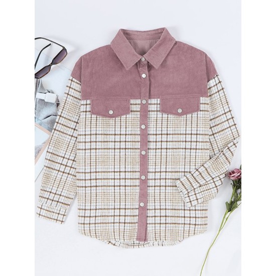 Buttoned Contrast Color Plaid Pockets Split-Joint Long Sleeves Loose Lapel Outerwear Jackets