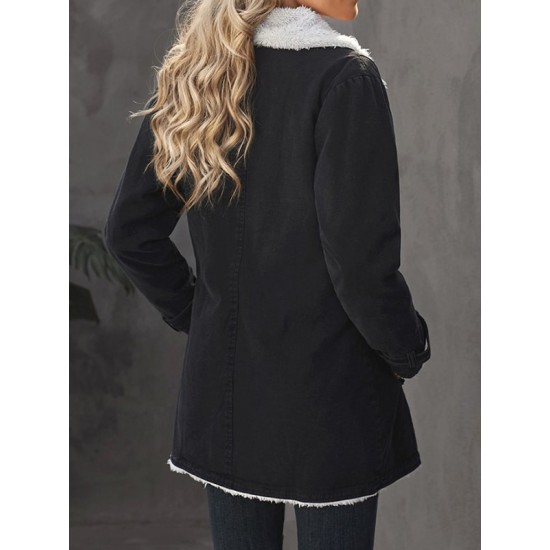 Buttoned Pockets Velvet Long Sleeves Loose Notched Collar Outerwear