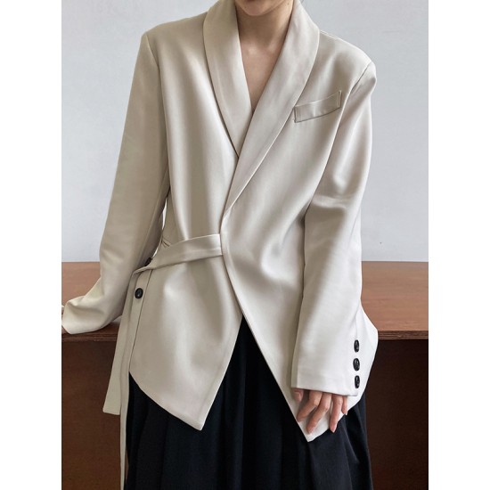 Asymmetric Buttoned Pockets Solid Color Tied Long Sleeves Loose V-Neck Outerwear Blazer