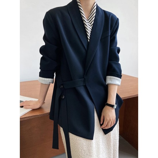 Asymmetric Buttoned Pockets Solid Color Tied Long Sleeves Loose V-Neck Outerwear Blazer