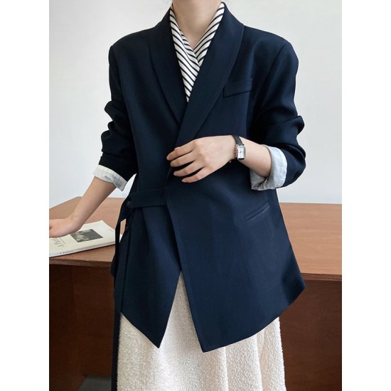 Asymmetric Buttoned Pockets Solid Color Tied Long Sleeves Loose V-Neck Outerwear Blazer