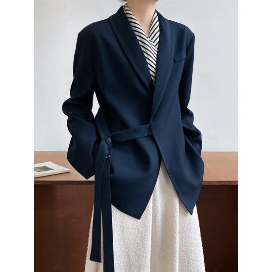 Asymmetric Buttoned Pockets Solid Color Tied Long Sleeves Loose V-Neck Outerwear Blazer