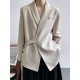 Asymmetric Buttoned Pockets Solid Color Tied Long Sleeves Loose V-Neck Outerwear Blazer