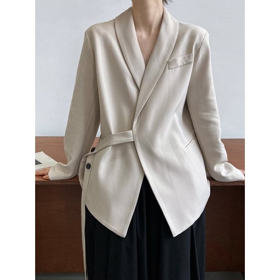 Asymmetric Buttoned Pockets Solid Color Tied Long Sleeves Loose V-Neck Outerwear Blazer