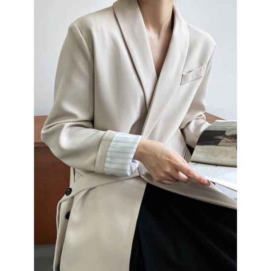 Asymmetric Buttoned Pockets Solid Color Tied Long Sleeves Loose V-Neck Outerwear Blazer