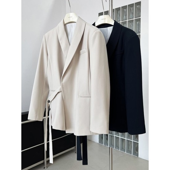 Asymmetric Buttoned Pockets Solid Color Tied Long Sleeves Loose V-Neck Outerwear Blazer