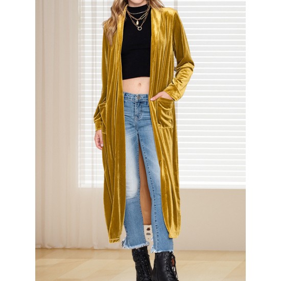 Pockets Solid Color Split-Joint Velvet Long Sleeves Loose Collarless Outerwear