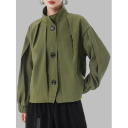 Buttoned Elasticity Pleated Long Sleeves Loose Stand Collar Outerwear Jackets