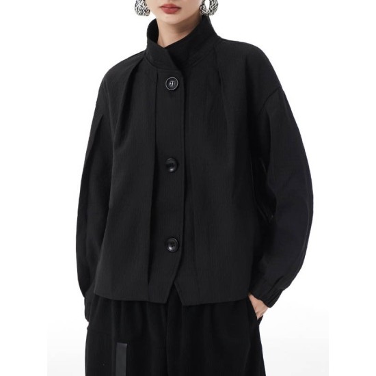 Buttoned Elasticity Pleated Long Sleeves Loose Stand Collar Outerwear Jackets