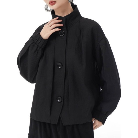 Buttoned Elasticity Pleated Long Sleeves Loose Stand Collar Outerwear Jackets