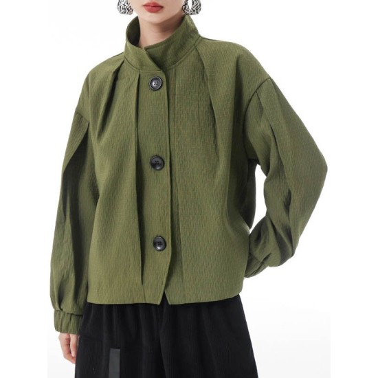 Buttoned Elasticity Pleated Long Sleeves Loose Stand Collar Outerwear Jackets