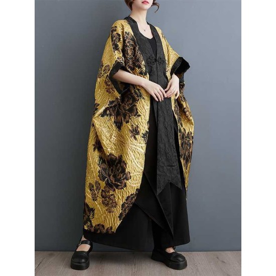 Flower-Embellished Chinese Frog Buttons Pleated Split-Joint Batwing Sleeves Loose V-Neck Outerwear