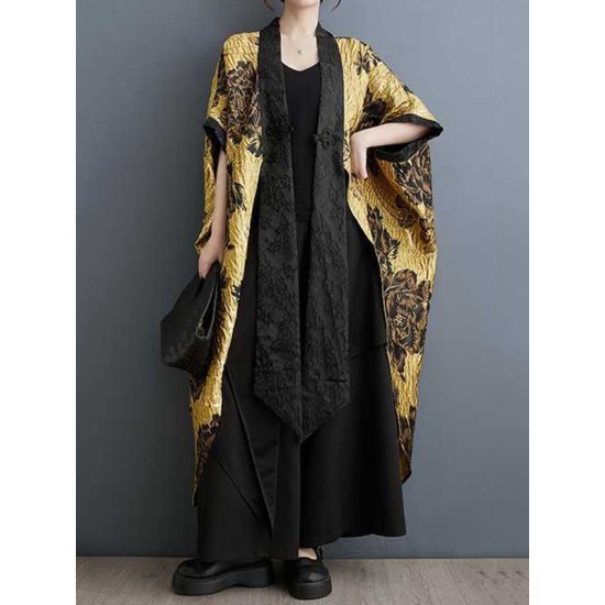 Flower-Embellished Chinese Frog Buttons Pleated Split-Joint Batwing Sleeves Loose V-Neck Outerwear