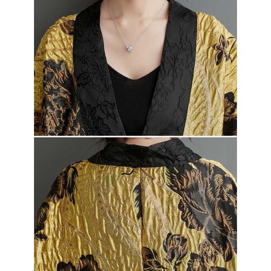 Flower-Embellished Chinese Frog Buttons Pleated Split-Joint Batwing Sleeves Loose V-Neck Outerwear