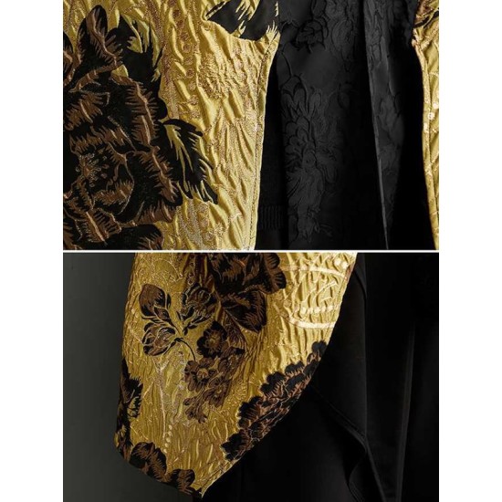 Flower-Embellished Chinese Frog Buttons Pleated Split-Joint Batwing Sleeves Loose V-Neck Outerwear