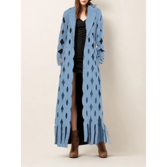 Hollow Solid Color Tasseled Long Sleeves Loose Notched Collar Denim Outerwear