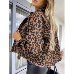 Buttoned Fringed Leopard Pockets Long Sleeves Loose Lapel Outerwear