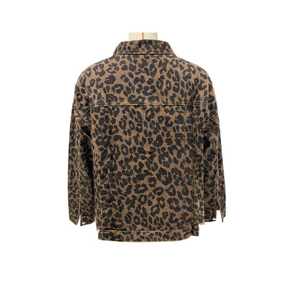 Buttoned Fringed Leopard Pockets Long Sleeves Loose Lapel Outerwear