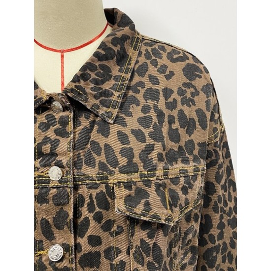 Buttoned Fringed Leopard Pockets Long Sleeves Loose Lapel Outerwear