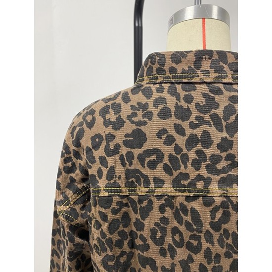 Buttoned Fringed Leopard Pockets Long Sleeves Loose Lapel Outerwear