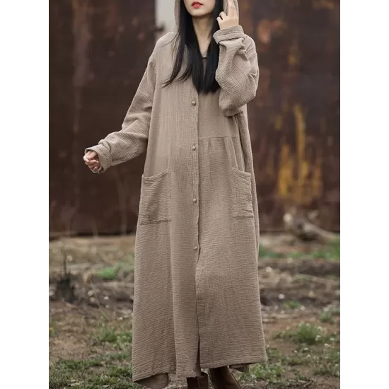 Long Sleeves Loose Solid Color Split-Joint Hooded Jackets&Coats Outerwear