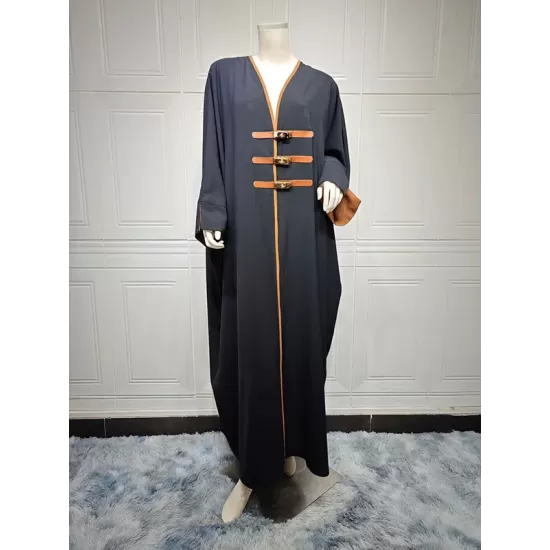 Contrast Color Muslim Split-Joint Loose V-neck Muslim Abaya Cover-Ups Tops