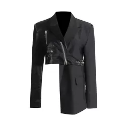 Asymmetric Solid Color Split-Joint Zipper Irregularity Long Sleeves Notched Collar Outerwear Blazer