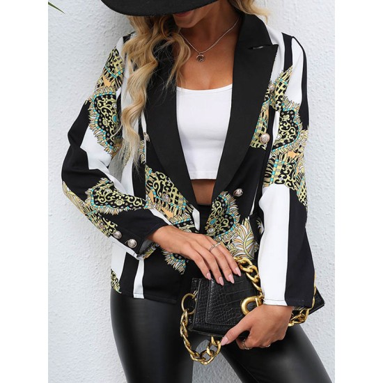 Buttoned Pockets Printed Long Sleeves Loose Notched Collar Outerwear Blazer