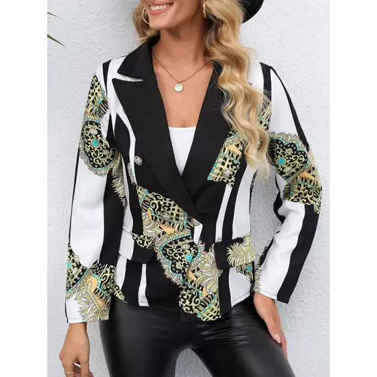 Buttoned Pockets Printed Long Sleeves Loose Notched Collar Outerwear Blazer