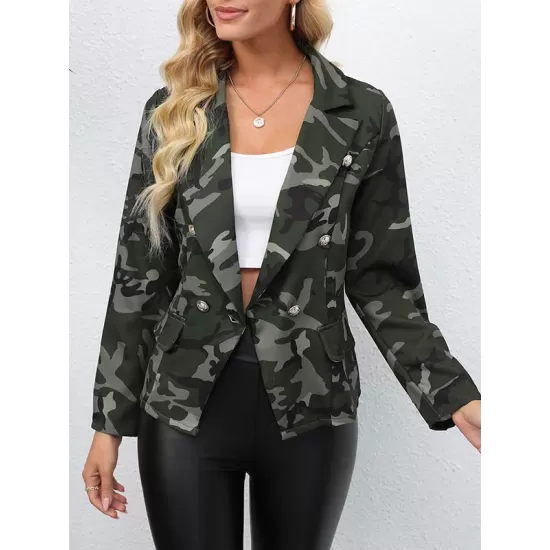 Buttoned Camouflage Pockets Long Sleeves Loose Notched Collar Outerwear Blazer