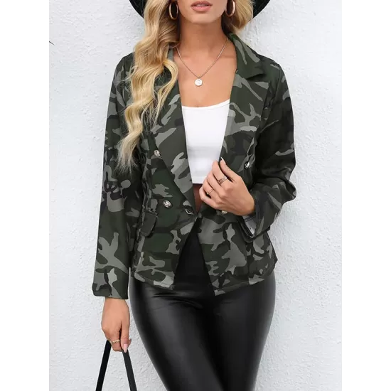 Buttoned Camouflage Pockets Long Sleeves Loose Notched Collar Outerwear Blazer