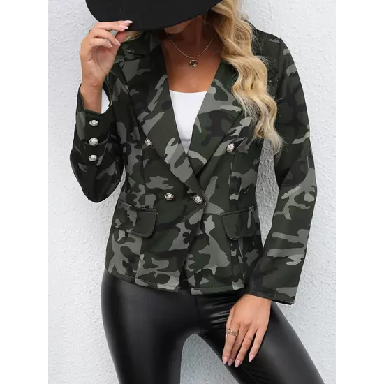 Buttoned Camouflage Pockets Long Sleeves Loose Notched Collar Outerwear Blazer