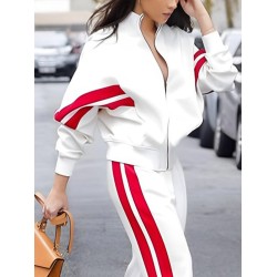 Long Sleeves Loose Split-Joint Striped Zipper Stand Collar Jackets Outerwear