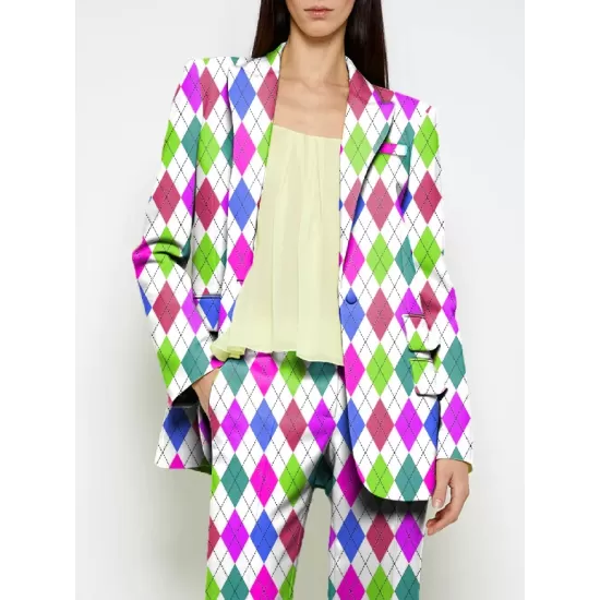 Long Sleeves Loose Buttoned Pockets Printed Shoulder Pad Notched Collar Blazer Jackets&Coats Outerwear