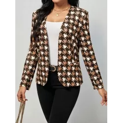 Houndstooth Pockets Long Sleeves Loose V-neck Outerwear Blazer