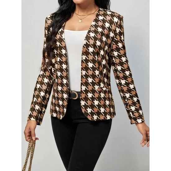 Houndstooth Pockets Long Sleeves Loose V-neck Outerwear Blazer