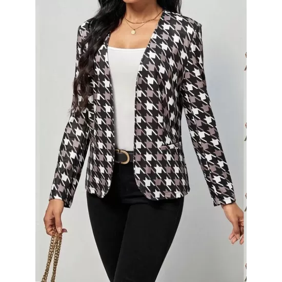 Houndstooth Pockets Long Sleeves Loose V-neck Outerwear Blazer