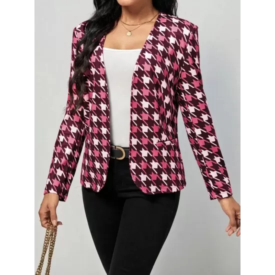 Houndstooth Pockets Long Sleeves Loose V-neck Outerwear Blazer