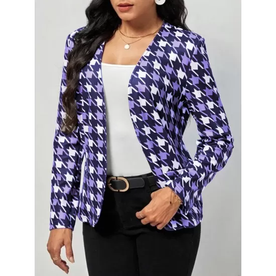 Houndstooth Pockets Long Sleeves Loose V-neck Outerwear Blazer