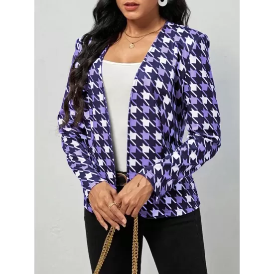 Houndstooth Pockets Long Sleeves Loose V-neck Outerwear Blazer