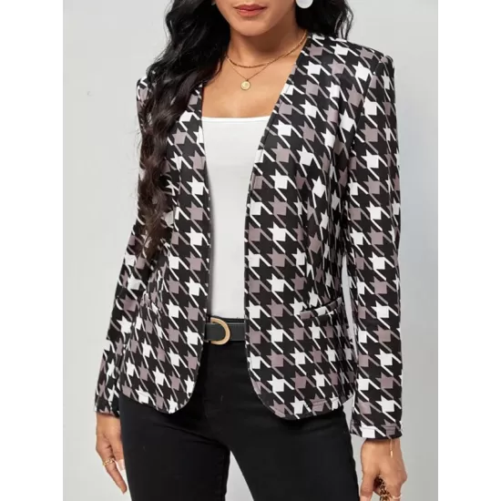 Houndstooth Pockets Long Sleeves Loose V-neck Outerwear Blazer