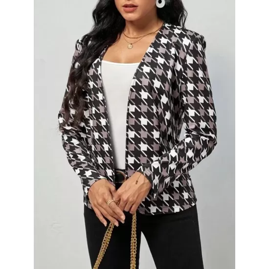 Houndstooth Pockets Long Sleeves Loose V-neck Outerwear Blazer