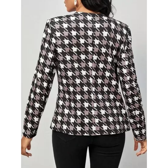 Houndstooth Pockets Long Sleeves Loose V-neck Outerwear Blazer